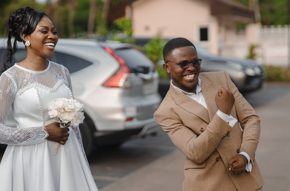 Happy bride and groom sharing a joyful moment